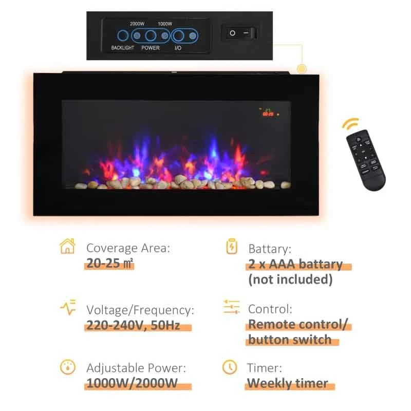 HOMCOM Electric Wall Mounted Fire With Remote - LED - Black - 820-181 4 HOMCOM Electric Wall Mounted Fire With Remote - LED - Black - 820-181 - Image 2