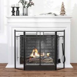 HOMCOM 3 Panel Folding Fireplace Screen With Tools Set - Black - 820-233