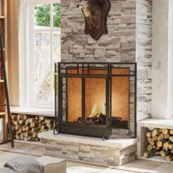 HOMCOM 3-Panel Folding Fireplace Screen With Door - Black - 820-237