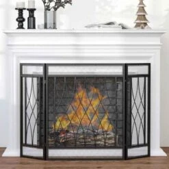 HOMCOM 3-Panel Folding Fireplace Screen Guard - Black - 820-240