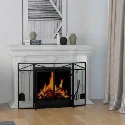 HOMCOM 3 Panel Folding Fireplace Screen With Tool Sets - Black - 820-391V00BK