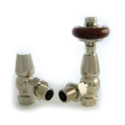 Towelrads Angled TRV & Lockshield - Polished Nickel With Brown Handle - 121068