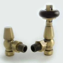 Towelrads Angled TRV & Lockshield - Antique Brass With Brown Handle - 129070